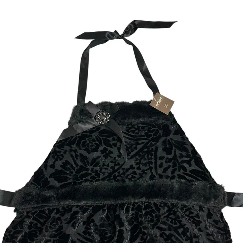 Pier 1 Imports Black Burnout Velvet Faux Fur Hostess Apron Holidays Goth NWT